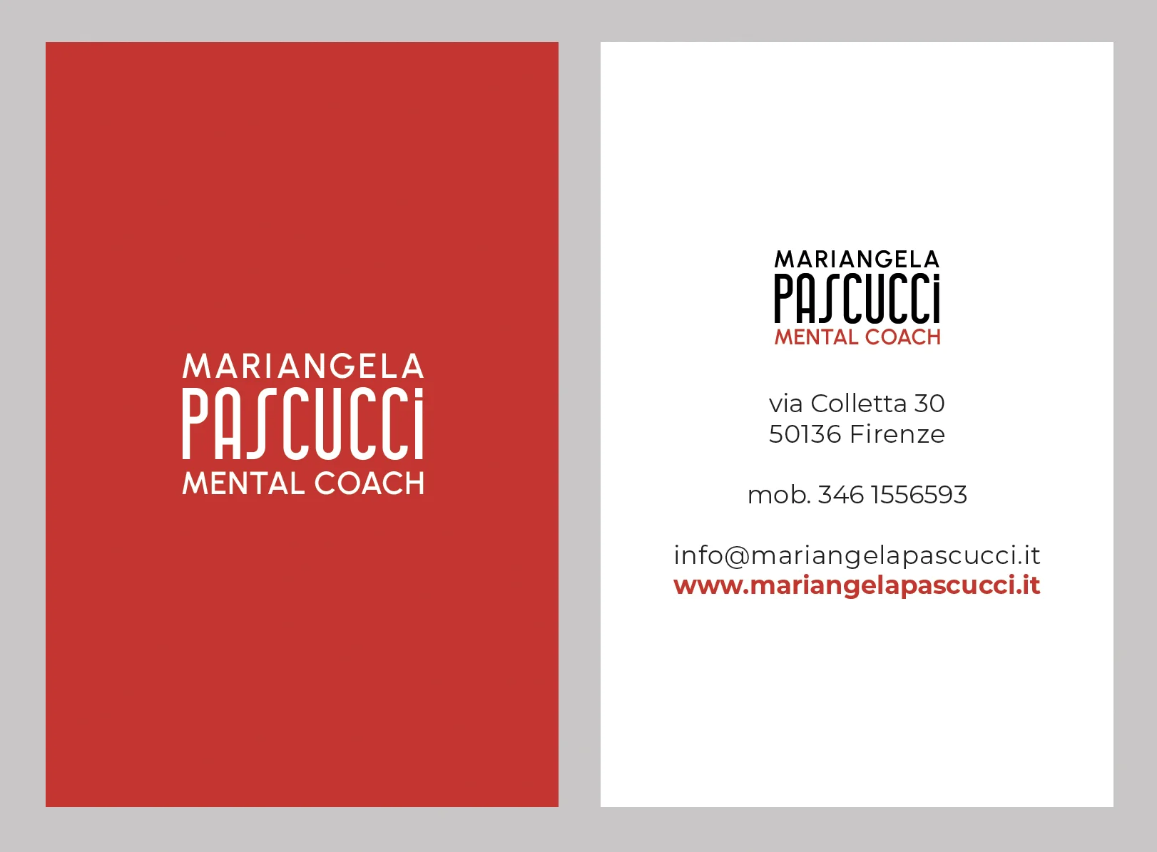 Progettazione biglietti da visita, immagine coordinata brand Mariangela Pascucci Mental Coach Firenze
