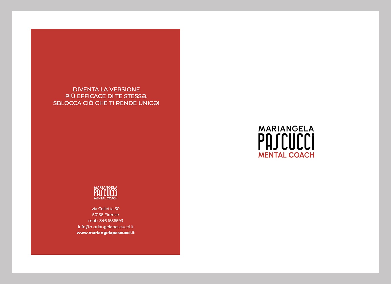 Progettazione cartellina, immagine coordinata brand Mariangela Pascucci Mental Coach Firenze