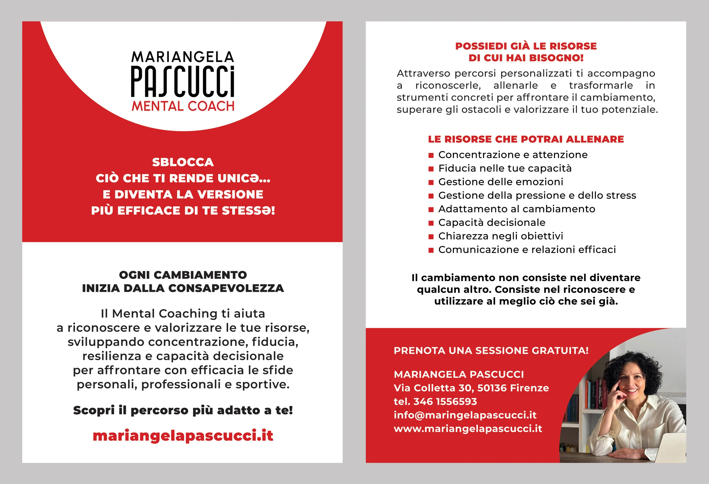 Progettazione flyer, immagine coordinata brand Mariangela Pascucci Mental Coach Firenze